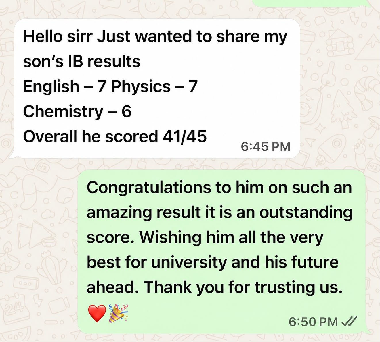 Original student message